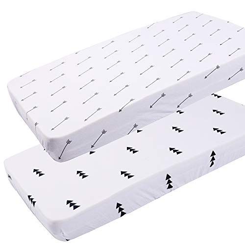  Knlpruhk Pack n Play Sheet Fitted Playard Mattress Sheet Set 2 Pack 100% Jersey Knit Cotton Ultra Soft Stretchy Portable Mini Crib Sheets for Baby Girl Boy Grey Arrows and Black Triangles b