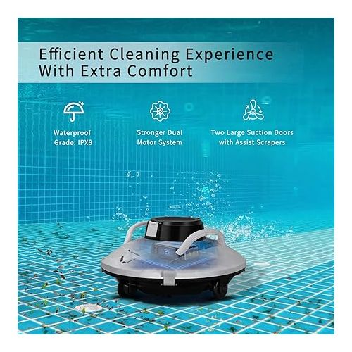  Cordless Pool Vacuum Cleaner, Robotic Pool Cleaner, Lasts 120min, Dual-Motor,Smart Navigation and Parking System, LED Indicator, Suitable for Flat Pools Up to 1000 sq. ft 1-Year Warranty