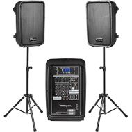 Knox Gear Dual Speaker and Mixer Set-Portable 8” 300 Watt DJ PA System with Wired Microphone & Tripod Stands, Amplifier, Bluetooth, USB, SD, 1/4” Line RCA, XLR Inputs, Ideal for a party or event
