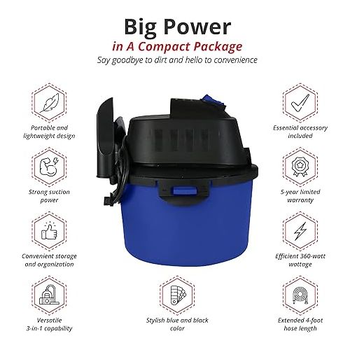  Koblenz WD-2L Portable Wet-Dry Vacuum, 2.0 Gallon/2.0HP Compact Lightweight, Blue+Black 5 Year Warranty