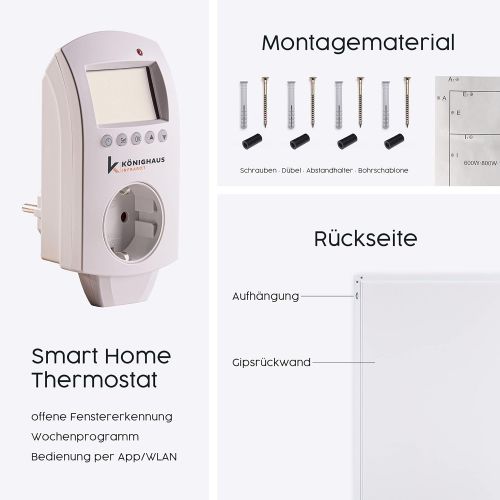  Koenighaus Infrarot Heizung 1000 Watt mit Smart Home Thermostat inkl. App (IOS/Android) - schlichter weisser Rahmen - deutscher Hersteller und vom Tuev Sued GS geprueft - neueste Techno