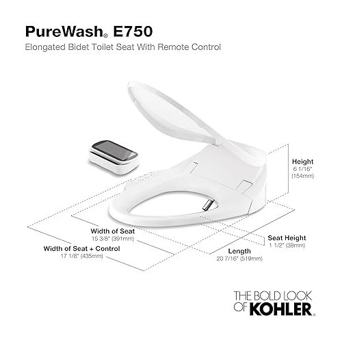  KOHLER 4108-0 PureWash E750 Elongated Electric Bidet Toilet Seat with Remote Control, Bidet Warm Water with Dryer for Existing Toilets, White
