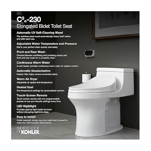  KOHLER 4108-0 PureWash E750 Elongated Electric Bidet Toilet Seat with Remote Control, Bidet Warm Water with Dryer for Existing Toilets, White