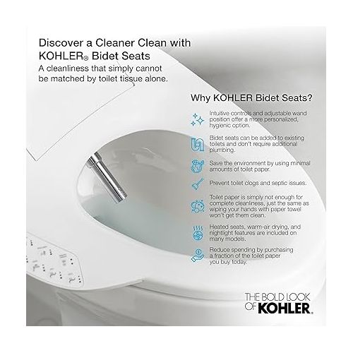  KOHLER 8298-0 PureWash E590 Elongated Bidet Toilet Seat, Heated Bidet, Bidets for Existing Toilets, Nightlight, Self-Cleaning Nozzle, White