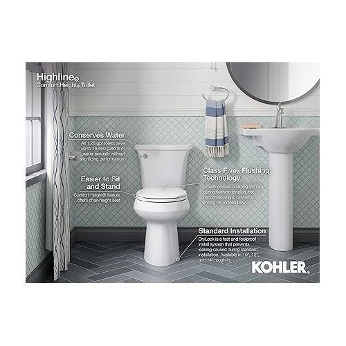  Kohler K-3493-0 Highline Classic Pressure Lite Comfort Height Elongated 1.6 gpf Toilet with Left-Hand Trip Lever, Less Seat, White