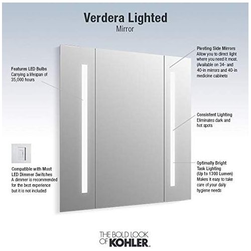  KOHLER K-99572-TL-NA Verdera 34 inch x 33 inch LED Lighted Bathroom Mirror,Aluminum