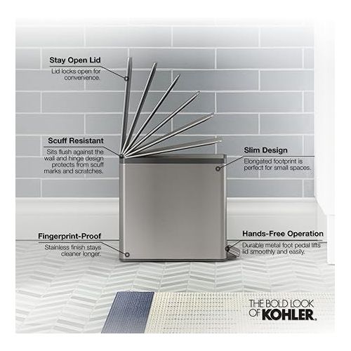  KOHLER 20957-STW 2.5 Gallon Slim Step Trash Can, Bathroom Trash Can with Soft-Close Foot Pedal, White with Stainless Steel