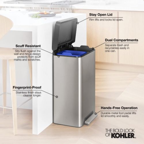  Kohler K-20956-BST Dual Compartment Step Trash Can, Liner, Black Stainless