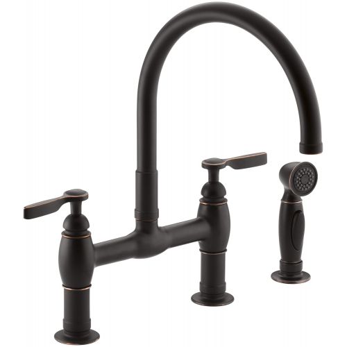  Kohler KOHLER K-6131-4-2BZ Parq Two-Hole Deck-Mount Bridge Kitchen Sink Faucet with 9 in. Gooseneck, Matching Finish Sidespray and Lever Handles, Oil-Rubbed Bronze