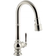 Kohler KOHLER K-99259-SN Artifacts Single-Hole Kitchen Sink Faucet with 17-5/8-Inch Pull-Down Spout, 3-Function Sprayhead, and Turned Lever Handle, Polished Nickel