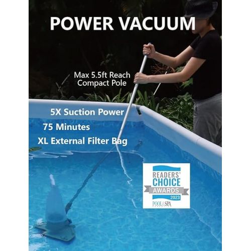  Kokido Rechargeable Pool Leaf Vacuum with Section Pole, 5X Suction, Deep Clean, Heavy Duty XL Debris Bag, Sand, Leaves and Debris, Ideal fo Inground and Above Ground Pool, Work 75 Mins, Xtrovac410