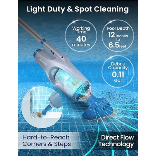  KOKIDO 2024 Rechargeable Handheld Pool Vacuum Set with Adjustable Pole and 2 Interchangeable Brush Heads, for Above Ground Pool, Hot Tub, Spa and Small Pools to 20ft, Cordless, Spot Clean XTROVAC 110