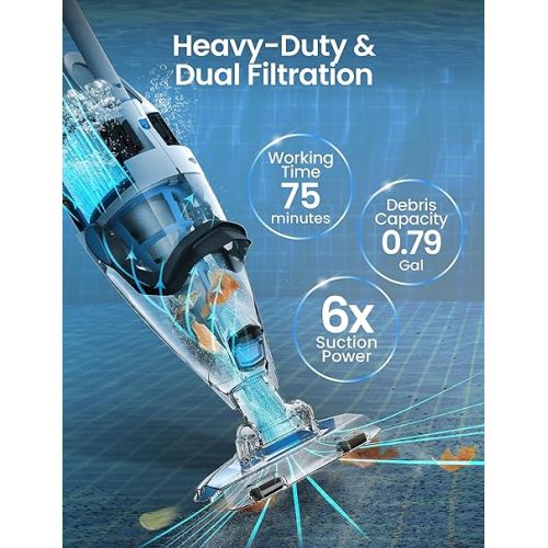  KOKIDO Rechargeable Heavy-Duty Pool Vacuum,6X Suction,Powerful Dual Filtering-Standard and Fine, Commercial Power Whole Pool Fast Cleaning, Inground & Above Ground Pools, XTROVAC 710