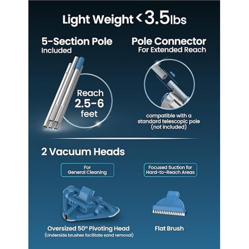  KOKIDO Cordless Pool Vacuum with 72” Pole, 2 Filters, Moderate Suction, 2 Interchangeable XL and Spot Heads, Rechargeable Handheld Vac for Small Above & Inground Pools, Spas Hot Tubs Xtrovac310