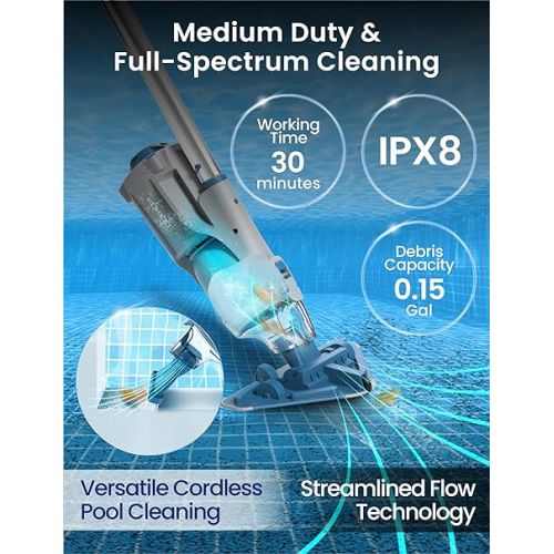  KOKIDO Cordless Pool Vacuum with 72” Pole, 2 Filters, Moderate Suction, 2 Interchangeable XL and Spot Heads, Rechargeable Handheld Vac for Small Above & Inground Pools, Spas Hot Tubs Xtrovac310