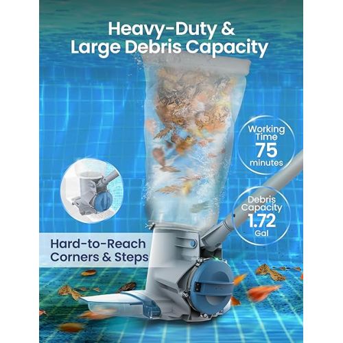  KOKIDO (2024 New) Rechargeable Heavy-Duty Pool Vacuum, 8X Suction, Standard and Fine Filter Bags, Commercial Power and Speed for Whole Pool & Spot Clean, Inground and Above Ground Pools, XTROVAC 910