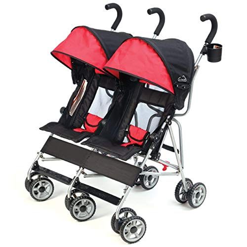  Kolcraft Cloud Side-by-Side Double Umbrella Stroller with 3-Point Safety System and Reclining Seats, Scarlet