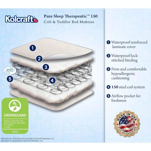  Kolcraft Pure Sleep Therapeutic 150 Waterproof Toddler & Baby Crib Mattress - 150 Extra Firm Coils, 51.7” x 27.3