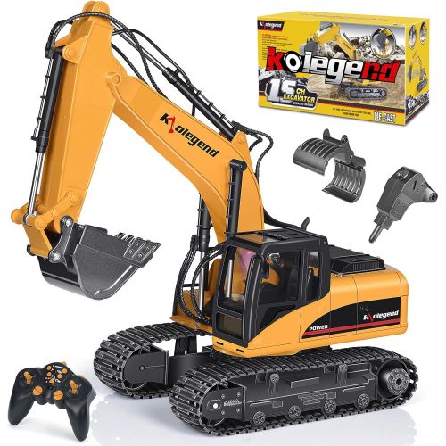  kolegend Remote Control Truck 1/14 Scale RC Excavator Toy, 3 in 1 Claw Drill Metal Bucket Full Functional Construction Vehicles Rechargeable RC Truck with Lights Sounds