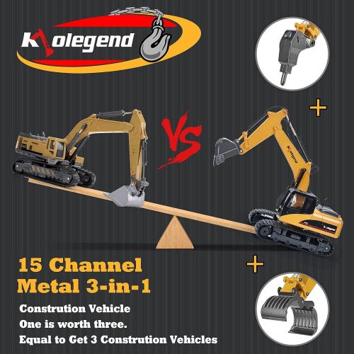  kolegend Remote Control Truck 1/14 Scale RC Excavator Toy, 3 in 1 Claw Drill Metal Bucket Full Functional Construction Vehicles Rechargeable RC Truck with Lights Sounds