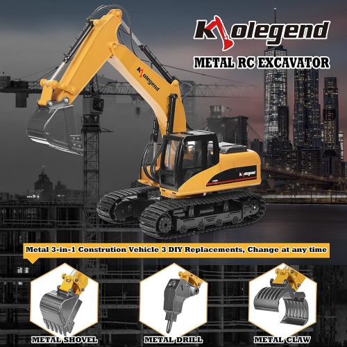  kolegend Remote Control Truck 1/14 Scale RC Excavator Toy, 3 in 1 Claw Drill Metal Bucket Full Functional Construction Vehicles Rechargeable RC Truck with Lights Sounds