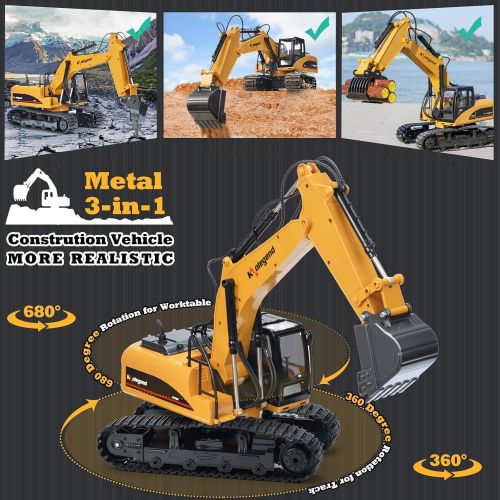  kolegend Remote Control Truck 1/14 Scale RC Excavator Toy, 3 in 1 Claw Drill Metal Bucket Full Functional Construction Vehicles Rechargeable RC Truck with Lights Sounds