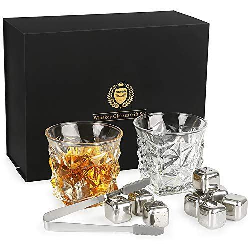  [아마존베스트]Whiskey Glasses Set of 2, Kollea Whiskey Stones Set with 2 Whiskey Glasses 11oz & 8 Reusable Stainless Steel Ice Cubes, Gift for Him Men Dad Husband Boyfriend Birthday, Anniversary