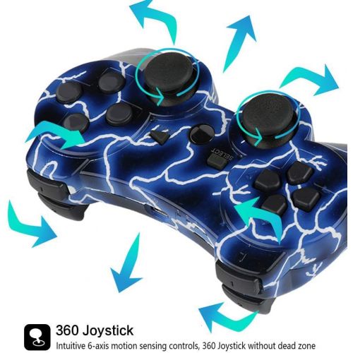  [아마존베스트]Kolopc Controllers for PS3 Playstation 3 Dual Shock, Wireless Bluetooth Remote Joystick Gamepad for Six-axis with Charging Cable (Pack of 2, BlueFlash and StarrySky)