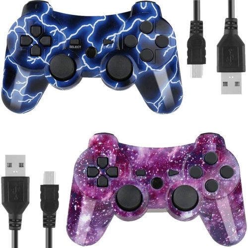  [아마존베스트]Kolopc Controllers for PS3 Playstation 3 Dual Shock, Wireless Bluetooth Remote Joystick Gamepad for Six-axis with Charging Cable (Pack of 2, BlueFlash and StarrySky)