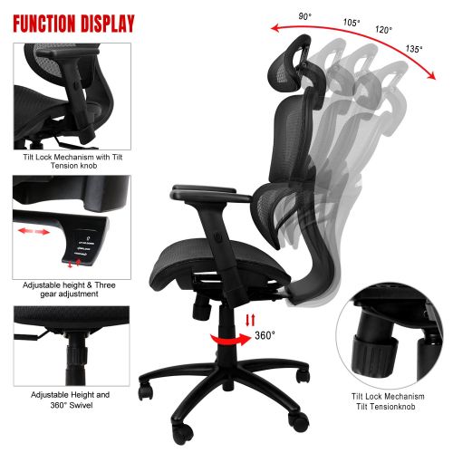  Komene Ergonomic Mesh Office Chair, High-Back Swivel Computer Task Chairs - Lumbar and Head Support  Desk Chairs for Office Room Decor