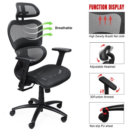  Komene Ergonomic Mesh Office Chair, High-Back Swivel Computer Task Chairs - Lumbar and Head Support  Desk Chairs for Office Room Decor