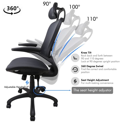  Komene Ergonomic Office Chair: Passed BIFMA/SGS Weight Support Over 300Ibs,Breathable Mesh Cushion &High Back-Executive Chairs with Adjustable Headrest Backrest,Flip-up Armrests,360-Degre