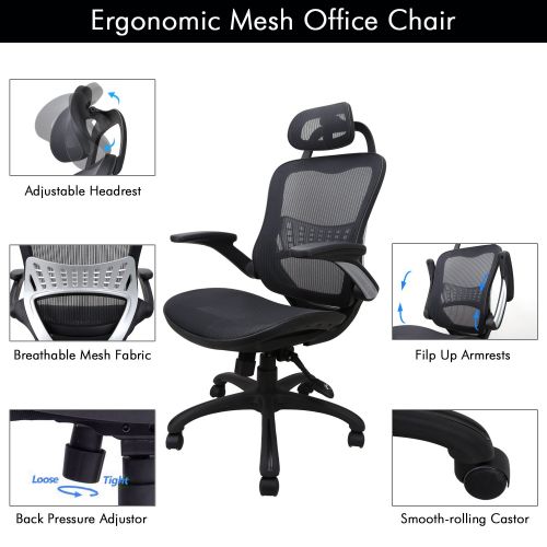  Komene Ergonomic Office Chair: Passed BIFMA/SGS Weight Support Over 300Ibs,Breathable Mesh Cushion &High Back-Executive Chairs with Adjustable Headrest Backrest,Flip-up Armrests,360-Degre