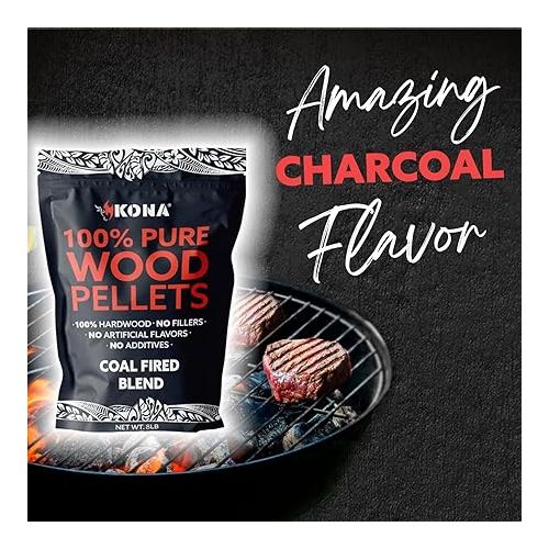  Kona Coal-Fired Pizza Charcoal Pellets - Intended for Ninja Woodfire Outdoor Grill, Premium Rich and Smoky Taste - 100% Natural - Also for Electric & Propane Smokers, Pellet Tubes - 2 Pounds