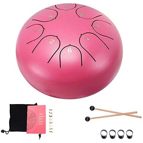  [아마존베스트]Konesky Steel Tongue Drum 6 Inch Hand Pan Percussion Drum 8 Tune Essential Drum Instrument with Drum Carry Bag, 2 Drumsticks, Exercise Book, 4 Finger Picks, Pink