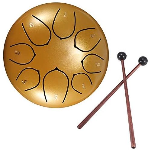  [아마존베스트]Konesky Steel Tongue Drum 6 inch Hand Pan Percussion Drum 8 Tune Essential Drum Instruments with Drum Carry Case, 2 Drumsticks, Exercise Book, 4 Finger Picks, Red, Gold