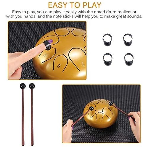  [아마존베스트]Konesky Steel Tongue Drum 6 inch Hand Pan Percussion Drum 8 Tune Essential Drum Instruments with Drum Carry Case, 2 Drumsticks, Exercise Book, 4 Finger Picks, Red, Gold