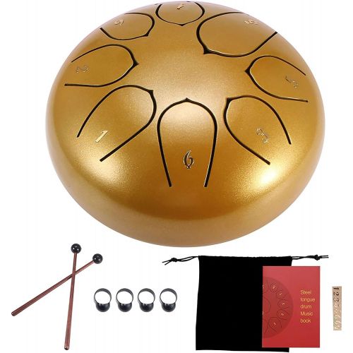  [아마존베스트]Konesky Steel Tongue Drum 6 inch Hand Pan Percussion Drum 8 Tune Essential Drum Instruments with Drum Carry Case, 2 Drumsticks, Exercise Book, 4 Finger Picks, Red, Gold