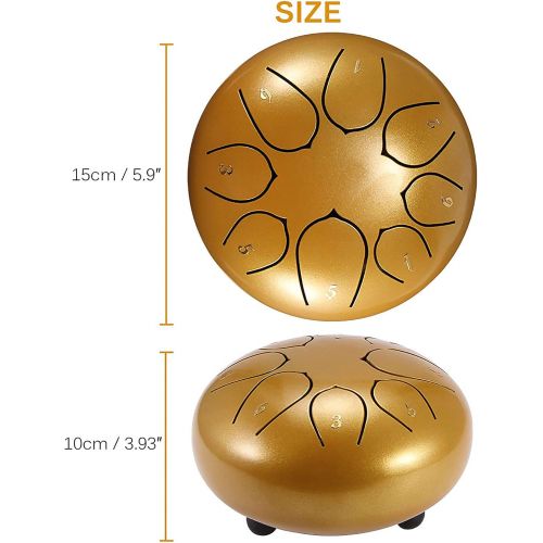  [아마존베스트]Konesky Steel Tongue Drum 6 inch Hand Pan Percussion Drum 8 Tune Essential Drum Instruments with Drum Carry Case, 2 Drumsticks, Exercise Book, 4 Finger Picks, Red, Gold