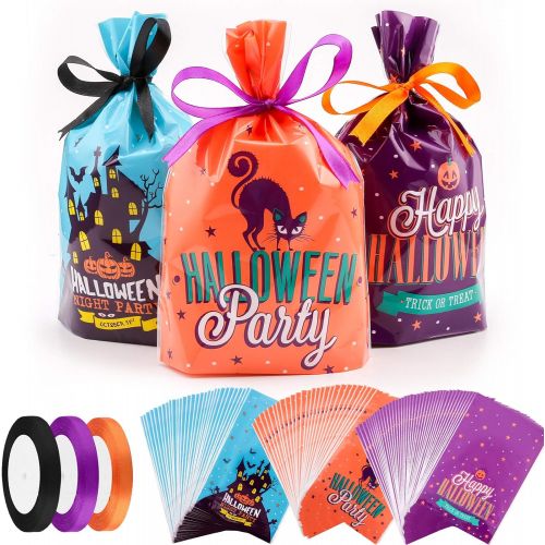  Konsait 150Pcs Halloween Candy Bags Party Bags Kids Trick Or Treat Bags Goody Bags with 3 roll Satin Ribbon for Trick Or Treat Bags Halloween Party Gift Favors, Kids Halloween Part