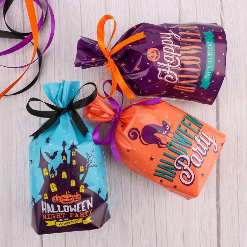  Konsait 150Pcs Halloween Candy Bags Party Bags Kids Trick Or Treat Bags Goody Bags with 3 roll Satin Ribbon for Trick Or Treat Bags Halloween Party Gift Favors, Kids Halloween Part