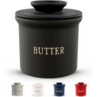 Kook Butter Crock with Lid, Soft Spreadable Butter, Ceramic French Butter Keeper to Leave On Counter with Water Line, Butter Dish, Home and Kitchen Decor, Perfect for Christmas Gift (Black)