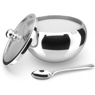 KooK Large Sugar Bowl, Stainless Steel With Glass Lid, Includes Stainless Steel Spoon, Holds 2 cups of Sugar, 16.9oz