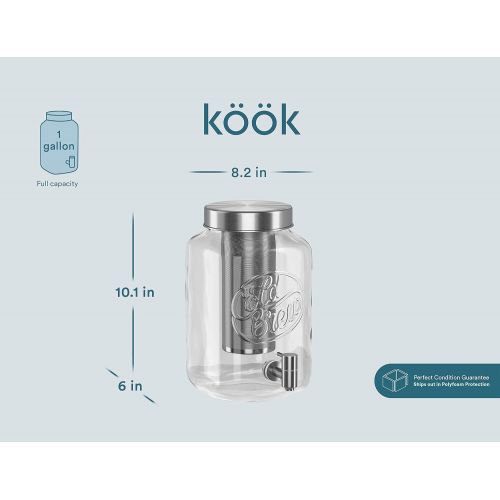  Kook 1 Gallon Mason Jar Drink Dispenser, Thick Glass Carafe, Stainless Steel Spigot and Mesh Filter, - Premium Iced Coffee Maker, Cold Brew Pitcher & Tea Infuser