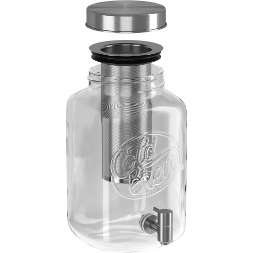  Kook 1 Gallon Mason Jar Drink Dispenser, Thick Glass Carafe, Stainless Steel Spigot and Mesh Filter, - Premium Iced Coffee Maker, Cold Brew Pitcher & Tea Infuser