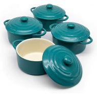 12oz Mini Cocotte, by Kook, Casserole Dish, Ceramic Make, Easy to Lift Lid, Aqua, Set of 4