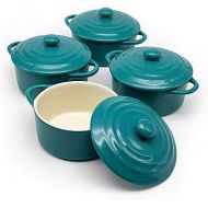 [아마존베스트]12oz Mini Cocotte, by Kook, Casserole Dish, Ceramic Make, Easy to Lift Lid, Aqua, Set of 4