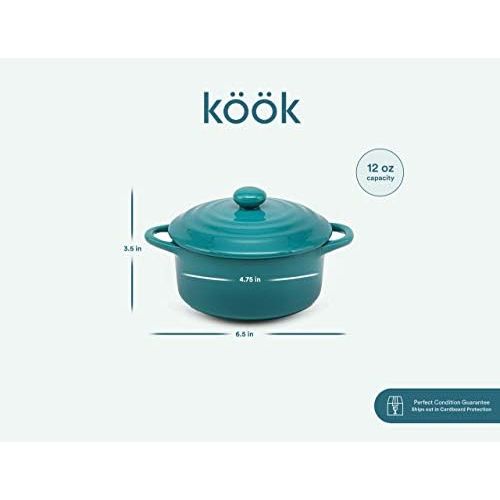  [아마존베스트]12oz Mini Cocotte, by Kook, Casserole Dish, Ceramic Make, Easy to Lift Lid, Aqua, Set of 4