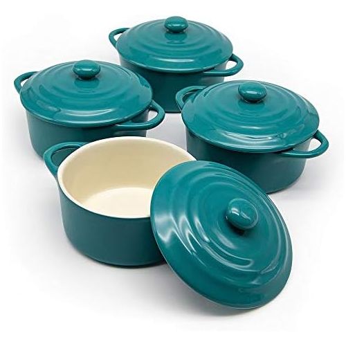  [아마존베스트]12oz Mini Cocotte, by Kook, Casserole Dish, Ceramic Make, Easy to Lift Lid, Aqua, Set of 4