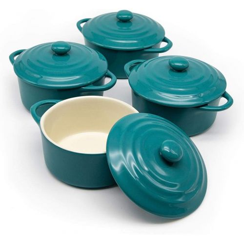  [아마존베스트]12oz Mini Cocotte, by Kook, Casserole Dish, Ceramic Make, Easy to Lift Lid, Aqua, Set of 4